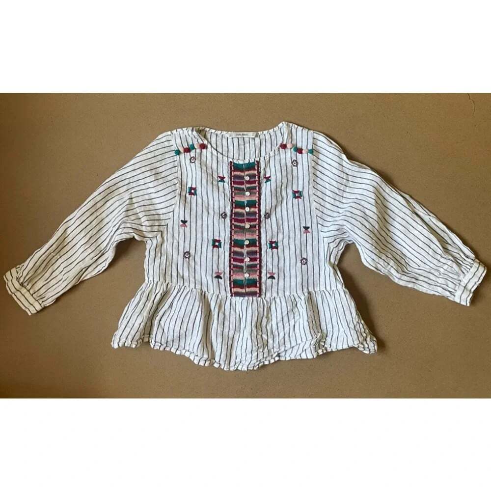 Zara Basic Striped Embroidered Crop Top Button Down Peplum Blouse Small
